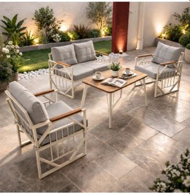 Resim Violet Krem 2+1+1 Masalı Gri Bahçe Oturma Grubu Minderli Metal Ahşap Detaylı Balkon Teras Takımı Açık-gri 