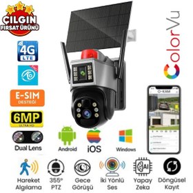Resim O-kam 7015 3mp+3mp 6mp 4g E-sim Kartlı Solar Panelli 2 Lens Alert Ptz 