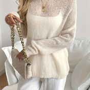 Resim Kadınlar İçin Bej Yarı Şeffaf Kazak - Omuz Açık/tek Omuzlu Bluz, İlkbahar/Yaz için Hafif Açıkhavilli Kazak, Zarif Bol Kesim Günlük ve Resmi Kıyafetler için Şık Kazak, Orta Esneklikte Nefes Alabilen Kumaş 