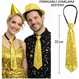 Resim Altın Renk Pul Payetli Işıltılı Parti Kravatı Semeglbl - 52 33 Cm 