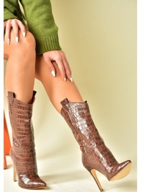 Resim Taba Kroko Baskı Yüksek İnce Topuklu Kadın Bot N372677511 Taba-Kroko Baskı 