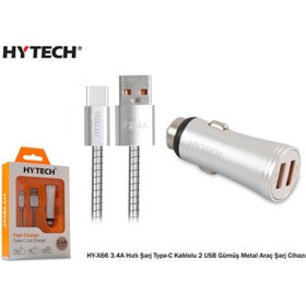 Resim Hytech Hy-x66 3.4a Hızlı Şarj Type-c Kablolu 2 Usb Gümüş Metal Araç Şarj Cihazı 