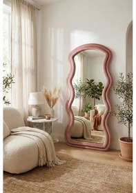 Resim Ayaklı Kumaşlı Boy Aynası - Modern Dalgalı Tasarım Büyük Boy Ayna 182x87 Cm Pembe 