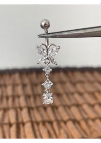 Resim 316 L Cerrahi Çelik Anti Alerjik Sallantılı Kelebek Modeli Göbek Piercingi Gümüş 