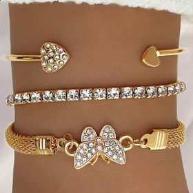 Resim 3'lü Set, Vintage Şık Parlak Taşlı Kelebek Tenis Zincir Bileklik Kombini - Günlük Kullanım ve Parti Hediyesi İçin Mükemmel 