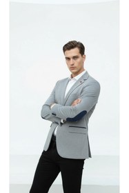 Resim Plus Scorpion PlusScorpion Gri Erkek İtalyan Kesim Blazer Ceket - Lacivert Detaylı, Kol Yamali, Slim Fit Şık Tasa 