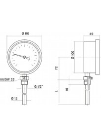 Resim Pakkens Termometre 0-120 °C Çap 100 mm Daldırma Boyu 10 cm Alttan Bağlantılı G 1/2 inç 