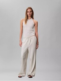 Resim Calvin Klein Kadın Rahat Kalıp Beli Lastikli Geniş Paçalı Keten Beyaz Pantolon 