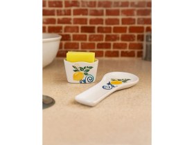 Resim PremiumPort 2'li Mutfak Seti Limon Desenli Seramik Kaşık ve Süngerlik Takımı 