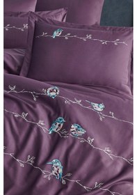 Resim Vogel Nakışlı %100 Pamuk Saten Çift Kişilik Nevresim Takımı Mürdüm Mürdüm 