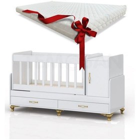 Resim Yataklı, Mdf Korkuluklu, Anne Yanı, Dolaplı, Çekmeceli, Büyüyen, Sallanır Beşik 60 X 120 Altın Ayak Gri Uyku Seti 