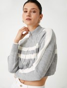 Resim Yarım Fermuarlı Dik Yaka Uzun Kollu Çizgili Crop Kazak 