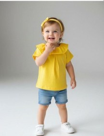 Resim Zekids Kız Bebek Pamuklu Yakası Fırfırlı Basic T-shirt-7460 Sarı 