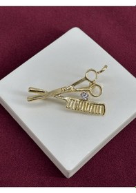 Resim Makas Ve Tarak Figürlü Taşlı Gold Broş Gold 