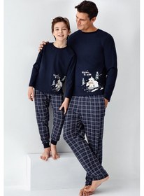Resim Arnetta Erkek Çocuk Aile %100 Pamuk 4 Mevsim Uzun Kollu Ekoseli Pijama Takım Lacıvert 