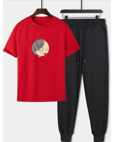 Resim Unisex Kedi Baskılı 2'li Eşofman Takımı Kırmızı 