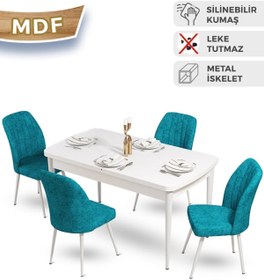 Resim Canisa Mun Serisi, 80x132 Açılabilir Mdf Mutfak Masa Takımı, Beyaz Masa , 4 Turkuaz Sandalye 