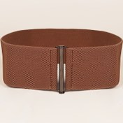 Resim Basit Kahverengi Streç Bayanlar Kemer Kadın Elastik Bel Kemeri Metal Toka Kemer Düz Renk Geniş Korse Kemer 