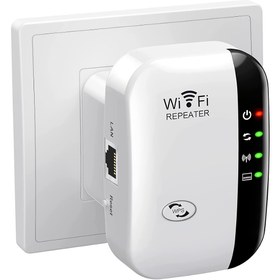 Resim WiFi Genişletici - 300Mbps, Derin Nüfuzlu Güçlü Sinyal Yükseltici, 35 Cihaza Kadar Destekler, Kolay Tek Dokunuş Ayarı, Ev, Ofis ve Kafe Kullanımı için Dahili Ethernet Bağlantı Noktası 