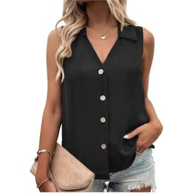 Resim Siyah Büyük Boy Büyük Beden Yelek V Yaka Günlük Düz Tişört Renkli Tank Top Kolsuz Düğme Tek Sıralı Orta Uzunlukta Yumuşak Siyah 