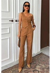 Resim Moderie Butik Tek Omuz Büstiyer Plazzo Pantolon Viscon Takım 10159 Kahverengi 