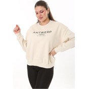 Resim Kadın Büyük Beden Bej İçi Şardonlu Kumaş Ön Baskılı Sweatshirt 65n37719-bej Bej 