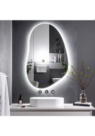 Resim Nelyos Beyaz Led'li Lazer Kumlamalı Lavabo & Banyo Aynası Dokunmatik Sensörlü 110 X 70 Cm 