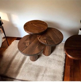 Resim Kestane Renk Ahşap Mantar Sehpa 3 Lü Fiskos Ve Zigon Sehpa Bej 