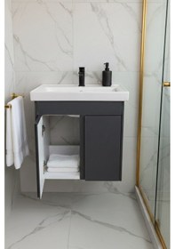 Resim Magma Antrasit 50 Cm, Led Aynalı, Banyo Dolabı Seti, Seramik Lavabo Dahil, Mdf, Led'li Beyaz 