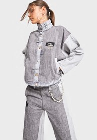 Resim Kadın Gri Renk Kumaş ve Denim Parçalı Aksesuar Detaylı Bol Kesim Özel Tasarım Denim Ceket - Gri / S 