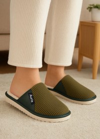 Resim Ar-060 Unisex Kadife Kumaş İçi Kürklü Kışlık Ev Terliği Haki 