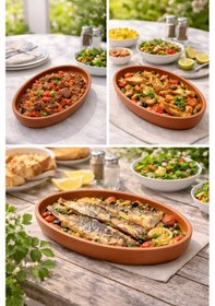 Resim 2 Adet Toprak Güveç 30 Cm İçi Sırlı Kayık Oval Güveç Fırın Tepsisi Toprak Fırın Kabı Kahverengi 