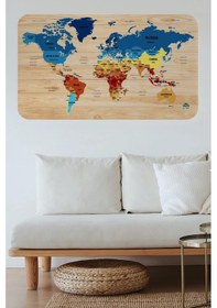 Resim Ahşap Görünümlü Eğitici Detaylı Atlası Dünya Haritası Duvar Sticker -60x105-3856 Renkli 