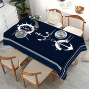 Resim 1 Adet Denizci Çapa ve Dümen Baskılı Masa Örtüsü - Koyu Mavi Beyaz Çizgili Polyester, Ev Yemekleri, Kamp, Mutfak ve Sahil Temalı Toplantılar İçin İdeal, Denizcilik Dekoru 