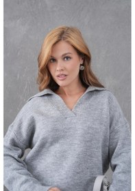 Resim Park Karon Kadın Gri Polo Yaka Oversize Yarım Pat Yumuşak Dokulu Triko Kazak 8585sw Gri 