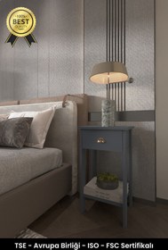 Resim B3 Concept Retro Serisi Özel Tasarım Tek Çekmeceli Yatak Yanı Komodin Antrasit Gri 