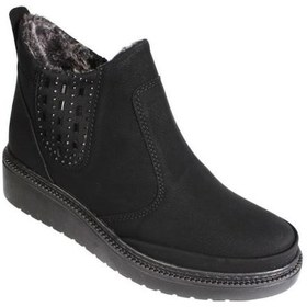 Resim Yazkış Kadın Siyah Mat Cilt Bağcıksız Yandan Fermuarlı Yanı Taşlı İçi Kürklü 4cm Kalın Düz Taban Bot Siyah 