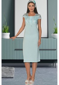 Resim Mecit Pijama By Mecit 5026 Turkuaz Tül Detaylı Sabahlıklı Lohusa Gecelik Takım 
