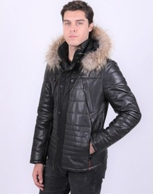 Resim New Zaya Leather Erkek Kapüşonlu Şişme Deri Mont Siyah 