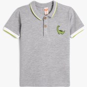 Resim Erkek Bebek Polo Yaka Tişört Kısa Kollu Dinozor İşleme Detaylı Düğmeli 