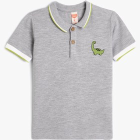 Resim Erkek Bebek Polo Yaka Tişört Kısa Kollu Dinozor İşleme Detaylı Düğmeli 