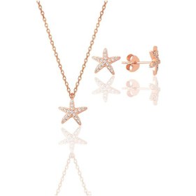 Resim Gümüş Rose Zirkon Taşlı Deniz Yıldızı Kolye Ve Küpe İkili Set 