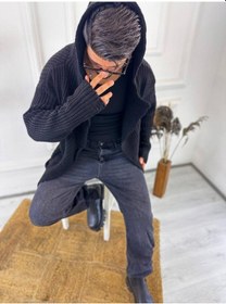 Resim Hırka Kapüşonlu Cepli Naturel Pamuk Lazer Kesim Yırtık Detaylı Örgü Triko Uzun Panço Hırka Siyah 