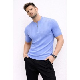 Resim Marsilyan Erkek Kısa Kol Fitilli Triko T-Shirt Yazlık Hakim Yaka Tişört - Bebek Mavisi 