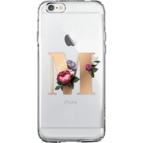Resim Moodcase Apple iPhone 6 Plus / 6s Plus Şeffaf Kılıf Gold Renkli Çiçekli M Harfli Desenli 