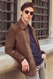 Resim Salah Erkek Taba Gömlek Yaka Süet Deri Ceket - Taba / 