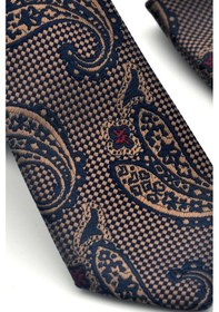 Resim Gaffy Kahverengi Şal Desenli Lacivert Dokuma Kumaş Mendilli Slim Fit Kravat // Sdk-2606-2 Lacivert 