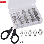 Resim 250 Adet Paslanmaz Çelik Ayrılabilir Halka Balıkçılık Takımı Seti, Dayanıklı O-Halkalı Yem Bağlantıları, Çeşitli Boyutlar 2#, 3#, 4#, 5#, 6#, Makas ile, İşçi Bayramı, Şükran Günü, Noel, Cadılar Bayramı, Kurban Bayramı için 
