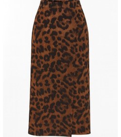 Resim Mixray 4615 Kadın Yırtmaçlı Leopar Desen Kalem Etek Kahve 