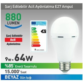 Resim Nextled E27 9w Şarjlı Led Ampul Beyaz 880 Lumen 